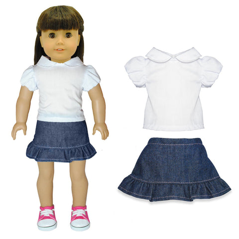Doll Clothes Fits American Girl 18" Inch Jean Skirt & White Shirt Outfit